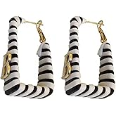 TOPATU Chunky Zebra Leather Earrings,Chic Black and White Letter B Designer Earrings for Women, Lightweight Gold-Plated Geometric Dangle Jewelry