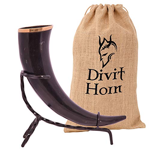 Divit Genuine Viking Drinking Horn with Iron stand | Authentic Medieval Beer Drinking Horn | Brass Adornments & Burlap Gift Sack Included | 16 oz capacity | The Original. (Original, Polished) (Original, Polished)