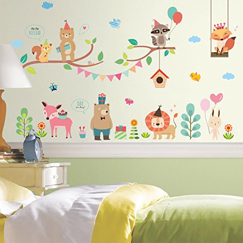 BIBITIME Animal Party Wall Decal Squirrel Bear on Tree Swing Queen Fox Balloon Raccoon Flag Branches Birdcage Butterfly Plant Flower Cake Deer Gifts Lion Heart Rabbit Vinyl Sticker for Nursery Bedroom