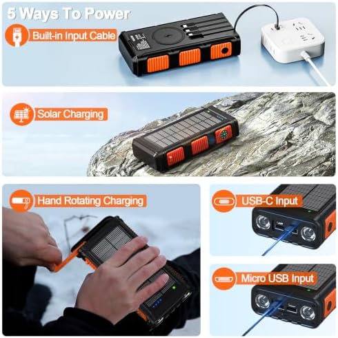 26800mAh Power Bank Solar Inalámbrico con Manivela y 4 Cables, Carga Rápida