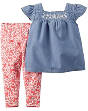 Girl's 2 Pc Embroidered Top & Print Leggings Set (6 Months)