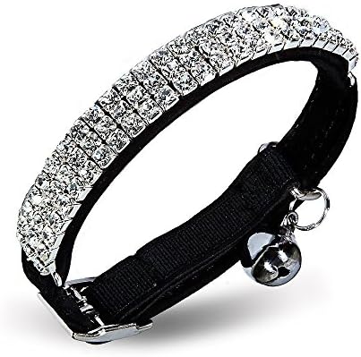 Diamond Bling Collar | 2 Pcs Safe Leather and Elegant Sparkling Rhinestones Crystal Diamante Dog Collar with Adjustable Clasp Up to 11" and Ring Bell | For Puppy Kitten Cat Small Dog | Black | 175.02