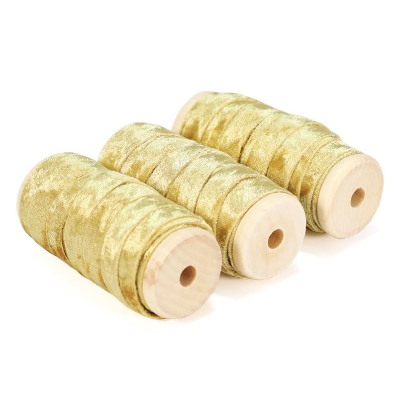 FLCSIed Velvet Ribbon Set 3/8"" x 15Yd Wooden Spool Fabric Trim Eco-Friendly 3 Rolls * 5Yd for Christmas Wreath Decoration Handmade Craft Ornaments Gift Wrapping (Light Gold)