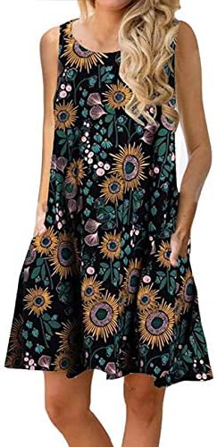 QINYUN Women's Summer Floral Printed Swing Casual T-Shirt Dresses Sleeveless Beach Tank Dresses with Pockets
