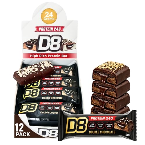 D8 Protein Bar Double Chocolate 24g Protein | No Added Sugar | High Protein Snack | Low Calorie, Gluten Free | Gym & Post Workout Energy Bar | 60g Each | Pack of 12