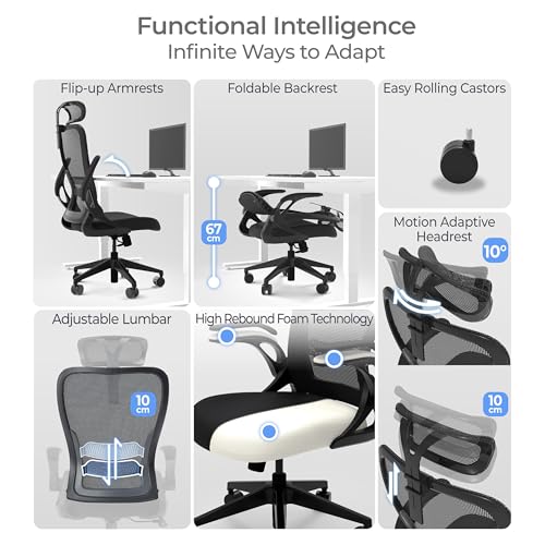 Tervo Model U | Folding Office Chair for Small Spaces | Ergonomic Design with High Rebound Mesh | Computer Desk Chair for Gaming | For Adults & Kids | Foldable & Compact with Flip Up Arms