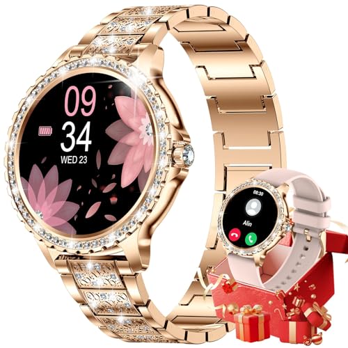 Women's Smart Watch with Diamonds, 1.32 Inch Smartwatch Women with Bluetooth Calls, Heart Rate/Sleep Monitor, 500 + Dials, IP68, 110+ Sports Modes for Android and iOS, Rose Gold
