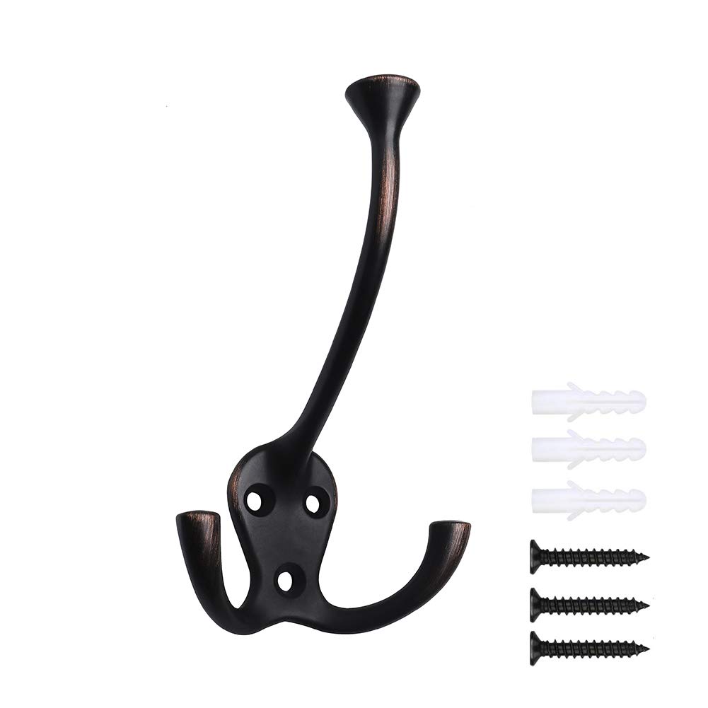 HARPOON 5 Pack Heavy Duty Three Flared Prongs Coat Hooks, Oil-Rubbed Bronze