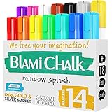 Blami Arts Chalk Markers and Chalkboard Labels Pack -14 Erasable Liquid Ink Pens - Non Toxic Extra Gold and Silver Colors Included - Reversible Tips and Erasnig Sponge