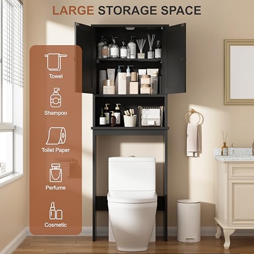 Shintenchi Over the Toilet Storage Cabinet, Bathroom Shelf Organizer with Anti-Tip Device Small Freestanding Space Saver with Adjustable Shelf, Black