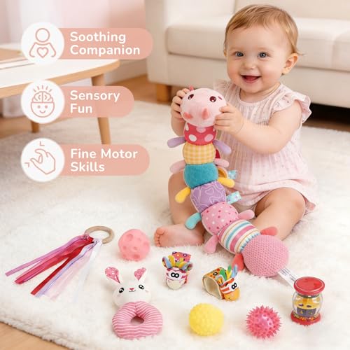 Joyreal Baby Girl Toys Baby Essentials for Newborn, 10pcs Newborn Baby Gifts, Musical Caterpillar Toys, Rattles, Ribbons, Baby Toys 6 to 12 Months, Sensory Toys for Babies 0-6 Months