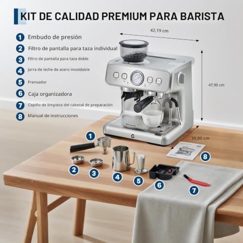 Cafeteira Profissional de Espresso com Porta-filtro e Moinho de Café Integrado - Pressão de 15 Bar - Espumante de Leite e Mostrador Visível - Tanque de 2,8 L - Ideal para Cappuccino, Latte