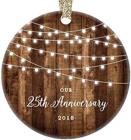 25th, 2018 Dated Twenty-Fifth Anniversary Married Christmas Ornament for Couple Mr Mrs Rustic Xmas Farmhouse Collectible Present Flat Circle Porcelain