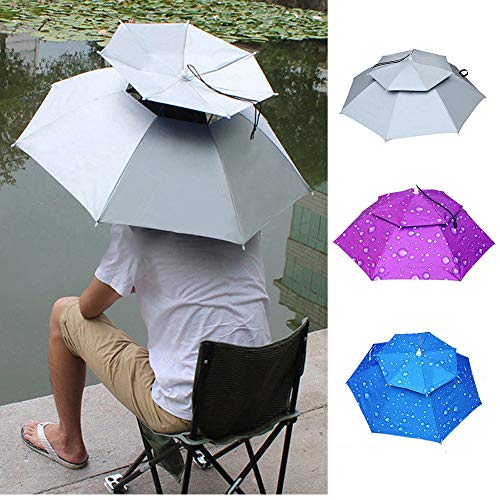 Tubwair Hands Free Fishing Umbrella Hat Double Layer Folding Canopy Vented UV Protection Windproof Waterproof Umbrella Cap Fishing Cycling Hiking Camping Gardening in Outdoor Recreation(Purple)