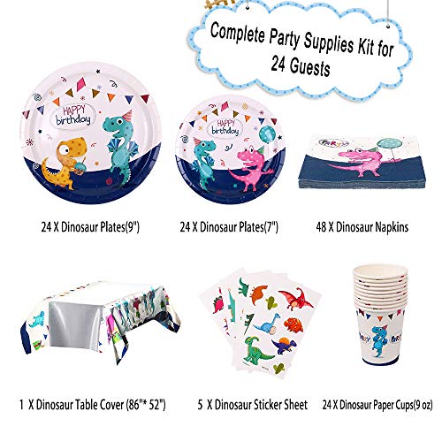 Dinosaur Party Supplies, Complete Party Supplies for Boys and Girls Including Plates, Cups, Napkins, Tablecloth, Banner, Dinosaur Toys, Blowing Dinosaurs, Spoons, Forks and Knives, Serves 24
