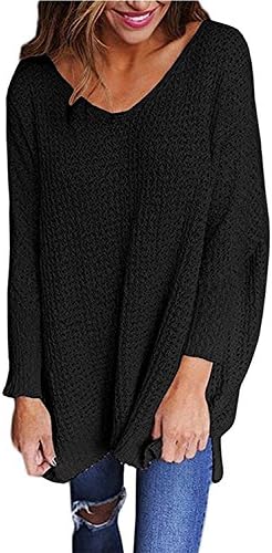 RooZooe Women's Oversized Knitted Sweater V Neck Blouse Loose Jumper Pullovers Black XL