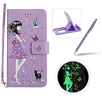 Herzzer Strap Wallet Leather Case for iPhone 6S,Luminous Flip Cover for iPhone 6, Stylish Light Purple Flower Girl Butterfly Pattern Magnetic Stand PU Leather with Soft Rubber Case