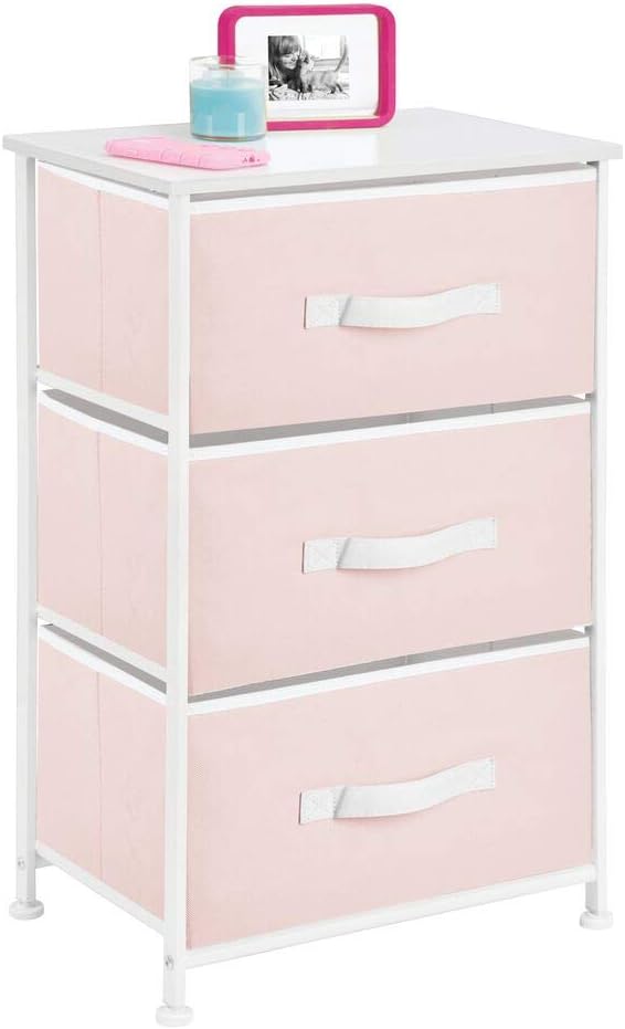 mDesign 3-Drawer Vertical Dresser Storage Tower - Sturdy Steel Frame, Wood Top and Easy Pull Fabric Bins - Multi-Bin Organizer Unit for Child/Kids Bedroom or Nursery - Light Pink/White: Home & Kitchen