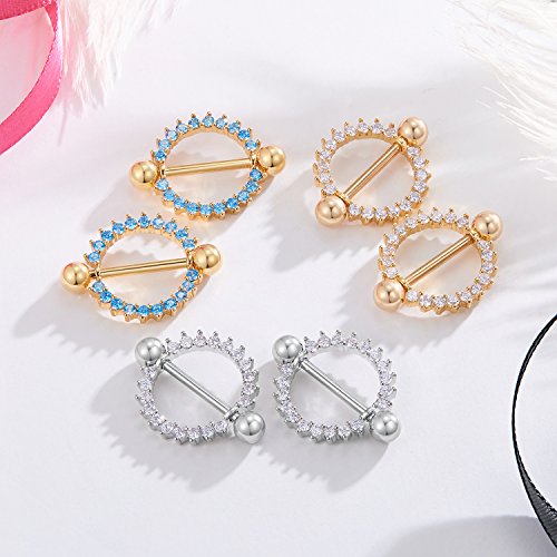vcmart Pair of Nipple Rings Circle of Life Nipplerings White Gems Shields Body Piercing Jewelry 15G Gold