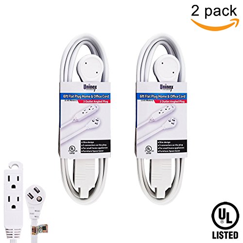 Uninex (2 Pack) Flat Angle Plug Extension Cord 16/3 Grounded 3-Outlet Tap 6-Foot White UL Listed