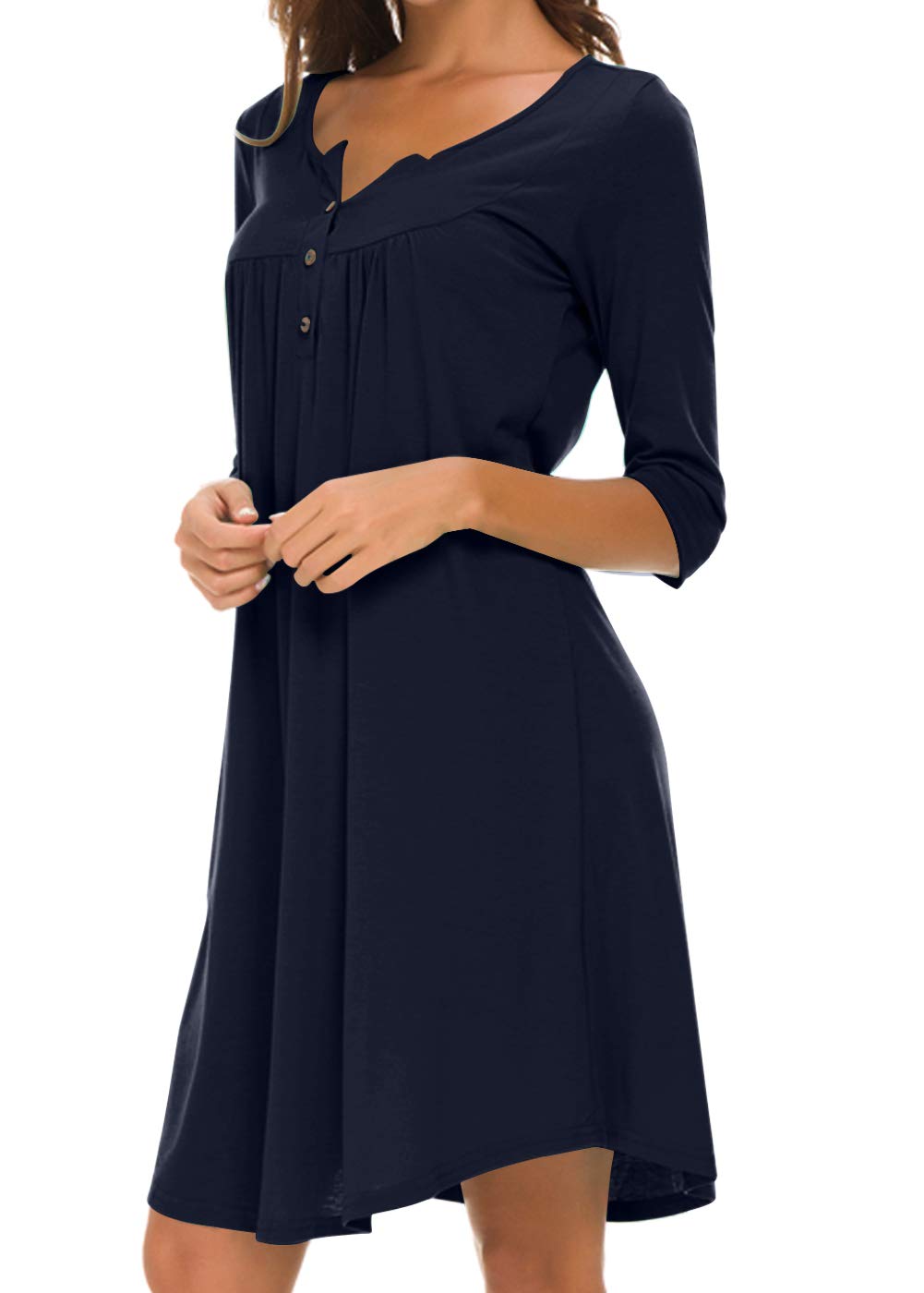 AMCLOS Womens V Neck Dress Casual Swing Simple Ruffle Button up Loose Dresses 3/4 Sleeve Long Sleeve (Medium, Long-Navy Blue)