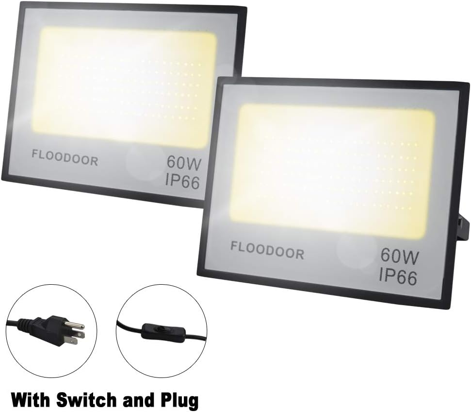 Floodoor 60W LED Flood Light 6000LM 3000K Warm White Floodlight IP66 Waterproof Outdoor Landscape Lights for Lighting of Yard, Garden, Piazza[2 Pack] - - 