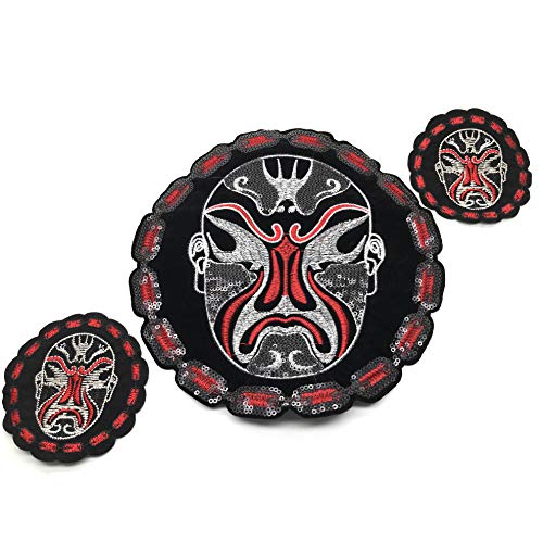 Chinese Peking Opera Facial Mask Patch, Fabric Embroidered Applique Iron On Sew On Emblem, Clothes Decals, Clothing Accessories, Clothes Hole Stickers (3Pcs) - Thumbnail 6