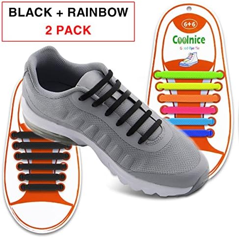 No Tie Shoelaces for Kids - Best in Sports Fan – Waterproof Silicon Flat Elastic Athletic Running Shoe Laces with Multicolor for Sneaker Boot Board Shoes and Casual (Black + Rainbow)