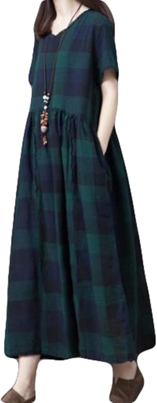 Amazon Ptorワンピース レディース ロング丈 チェックワンピース 半袖 Vネック マキシワンピース ギンガムチェック ワンピ 夏 大きいサイズ ワンピース チュニック 通販