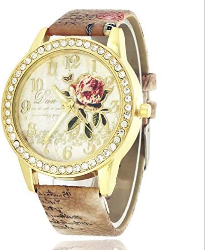 Large Plate with Diamond Flower Flower Watch Female Fashion Printing Belt Quartz Watch Gift Watch Brown