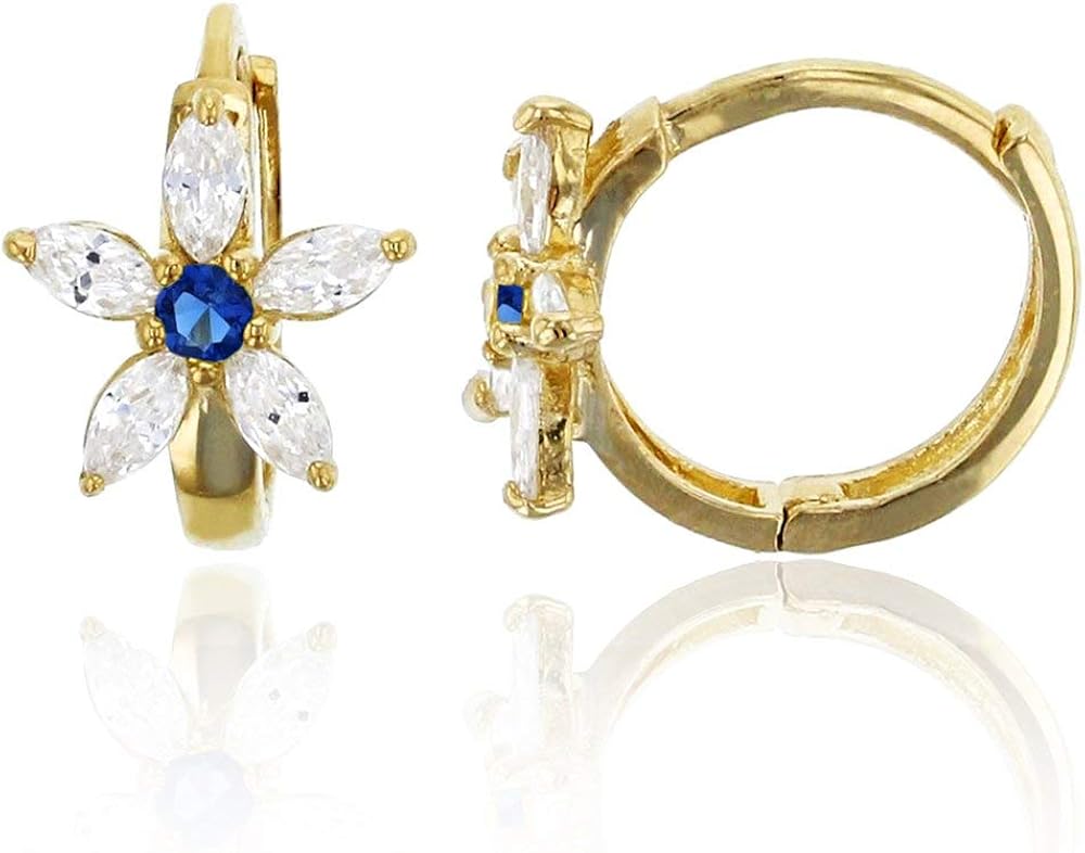 14K Yellow Solid Gold 8mm Flower AAA Cubic Zirconia Huggie Earrings | In 5 Colors: Emerald, Pink, Red, Sapphire and Yellow | 8x10mm | Solid Gold Huggie Earrings for Women and Girls