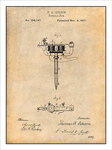 1877 Tattooing Machine by Thomas Edison Patent Print Art Poster UNFRAMED Parchment 18" X 24"