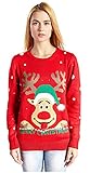 V28 Women's Christmas Reindeer Snowflakes Sweater Pullover (Tag XL (US size 12), Red-ReerFace)