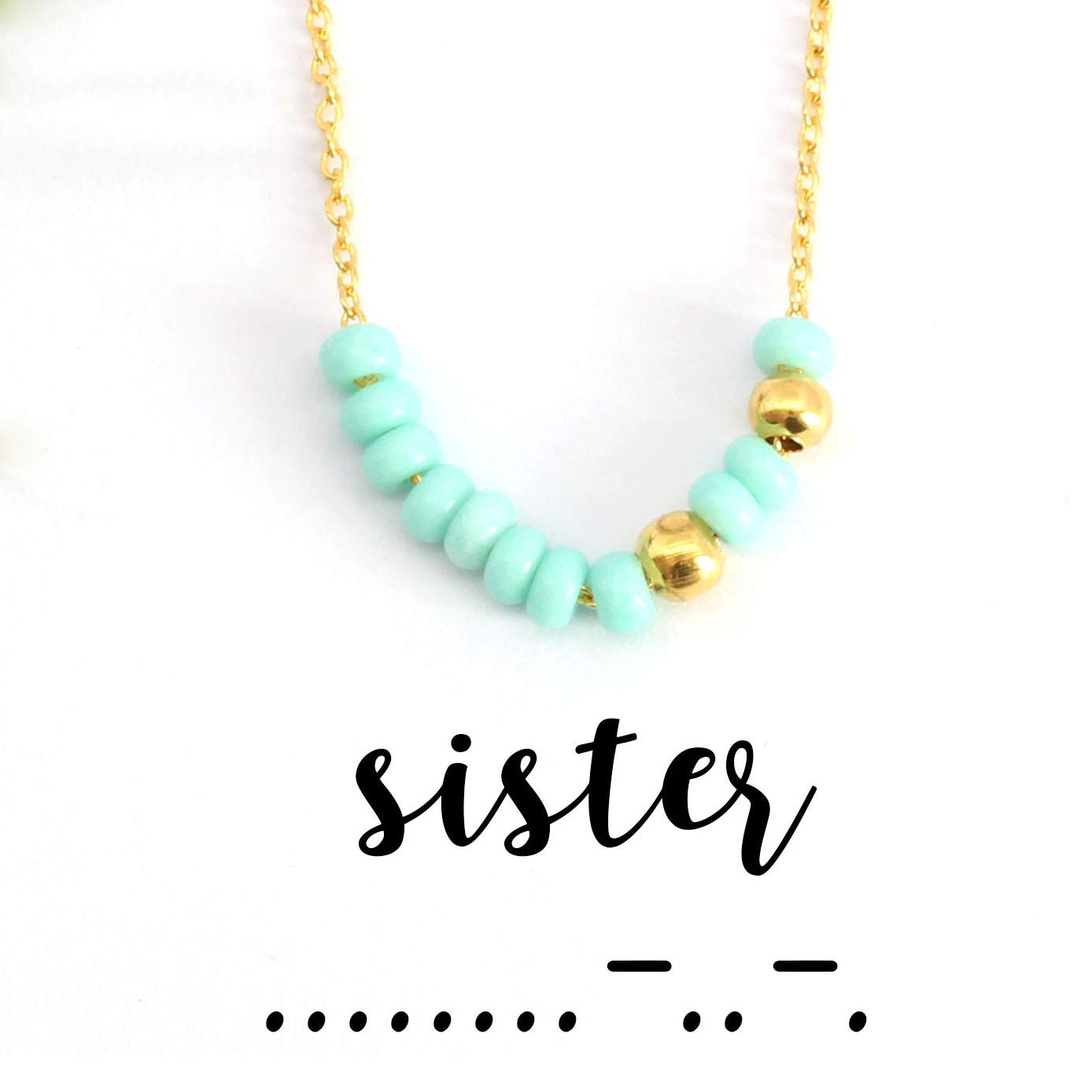 Morse Code Sister Necklace in Mint, Sister Birthday Gift