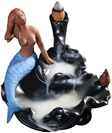 Mermaid Incense Burner Backflow Waterfall Censer Cones Sticks Holder-Blue