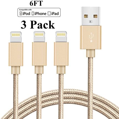 iPhone Cable, 3Pack 6FT Nylon Braided Lightning to USB iPhone Charger Cord with Aluminum Connector for iPhone 7/7 Plus/6s/6s Plus/6/6Plus/5s/5c/5, iPad/iPod Models-Gold