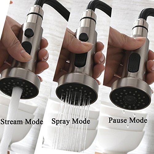 Pre Rinse Spring Kitchen Faucet With Pause-Bokaiya Commercial Brass Brushed Nickel Stainless Steel Pull Down Sprayer Kitchen Sink Faucet, 1 Hole Single Handle Kitchen Faucets with Sprayer