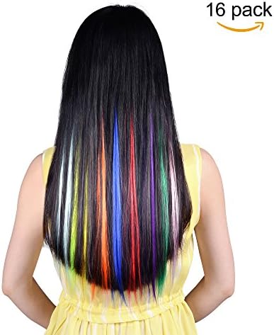16PCS Colored Hairpieces 22Inch (55CM) Straight Clip in Hair Extensions Fashion Hairpieces Party Highlight Multiple Colors (16pcs Full Color Set)