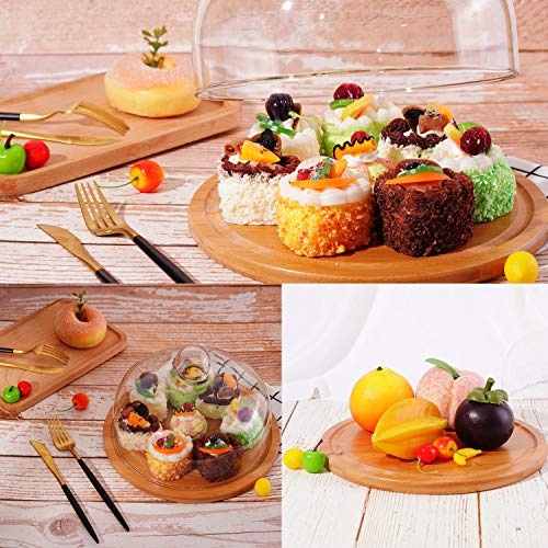 Round bamboo base serving tray with dome glass lid for Salad cheese bread cake snacks storage platter