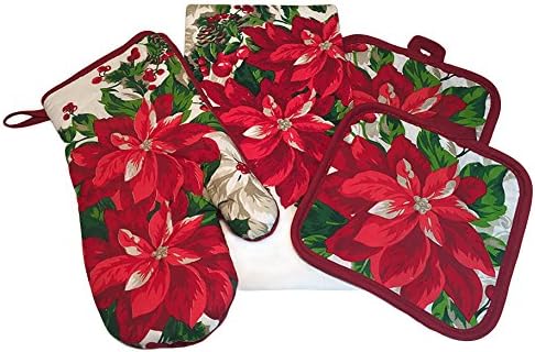 Christmas Holiday Poinsettia Kitchen Set - 4 Pieces - Oven Mitt Potholders Dish Towel