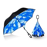 Double Layer Reverse Folding Umbrella Cars Reversible Umbrella Rain Umbrella Windproof With C-Shaped Handle (Blue Sky)