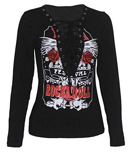 Sexy Women Lace-up Deep V Neck Rock N Roll Long Sleeve T-Shirt 3 Colors (L, Black)