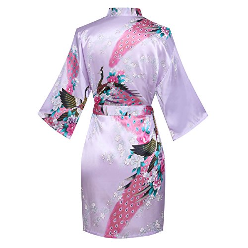 Yukata Women's Short Kimono Robe, Peacock&Blossom Design, Lavender XL