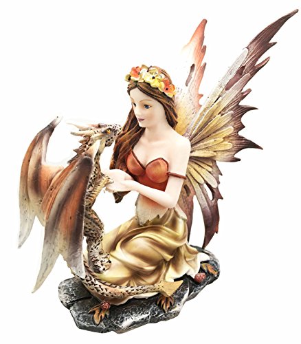 Gifts & Decors Beautiful Scarlet Fire Fairy Goddess with Pet Spotted Dragon Figurine Meadows of FAE Garden Collector Sculpture Statue - Thumbnail 4
