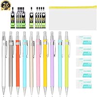 26 Pieces Mechanical Pencil Set,10 Pieces 0.7 mm Mechanical Pencils and 10 Replaceable Tubes Lead With 5 Pack Erasers 1 Pack Transparent Bag For School and Office(10 colors)