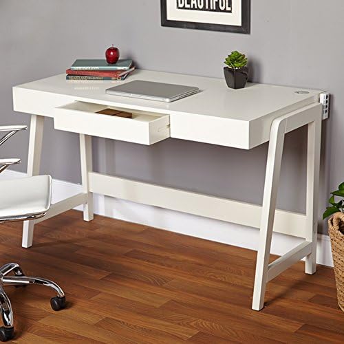 Modern Computer Desk With Integrated USB Port - Space Saving Design, Storage Drawer, Writing Laptop Table For Your Home Or Office (White)