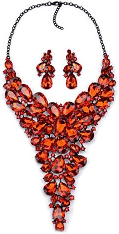 Lanue Crystal Choker Pendant Statement Water Drop Necklace and Earrings Sets for Women Wedding Bridal Party Costume (Red)