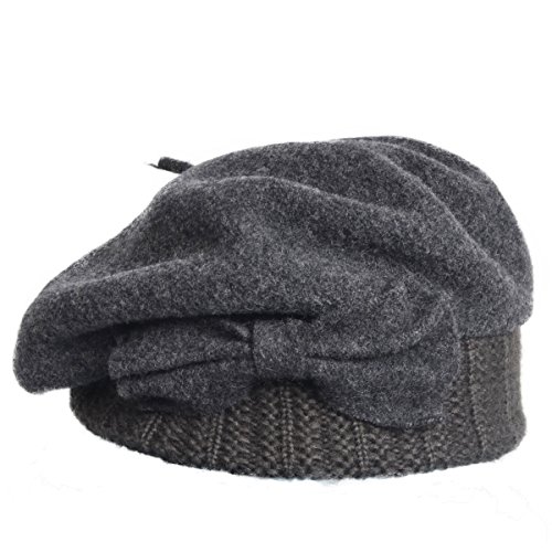 Women's 100% Wool Bucket Hat Felt Cloche Bow Dress Winter Hats (Beret-Grey)