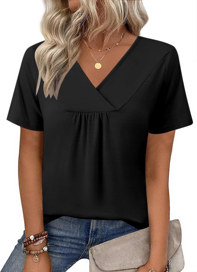 Photo 1 of Rapbin V Neck Tunic Tshirt Loose Fit Pintuck Pleated Blouses Short Sleeve Summer Tops for Women Black XL