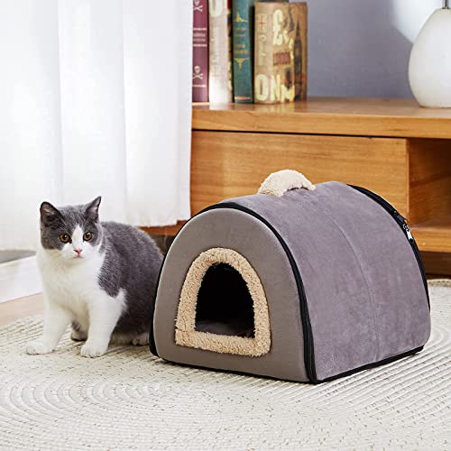 Portable Cat House, Cat Bed Self-Warming 2 in 1, Foldable Cave House Shape Indoor with Cozy Bed, Cat Beds for Indoor Cats, with Washable Removable Cushion Pad, Dark Gray